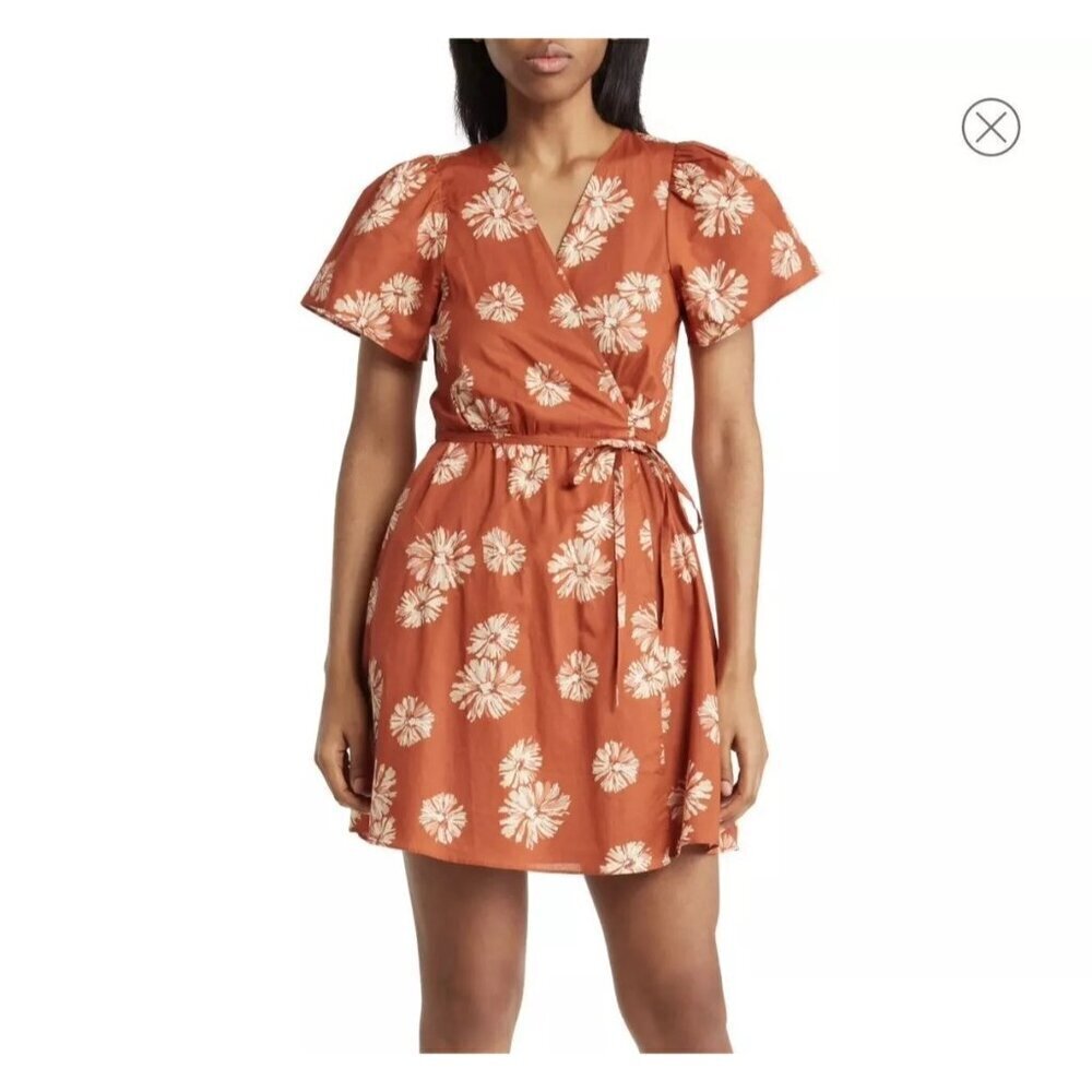 Madewell Floral Wrap Dress Rust Red & White Short Sleeve V-Neck Womens Size L